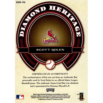 Scott Rolen Cardinals 2004 Playoff Prestige Diamond Heritage Bat Card #DH-15
