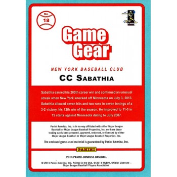 CC Sabathia New York Yankees 2014 Donruss Game Gear Material Card #18