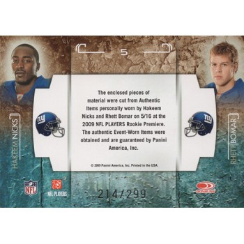 Hakeem Nicks & Rhett Bomar 2009 Rookies Stars Studio Rookies Combos Card #5 /299