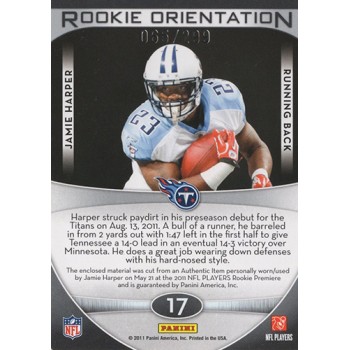 Jamie Harper 2011 Panini Gridiron Gear Rookie Orientation jersey Card #17 /299