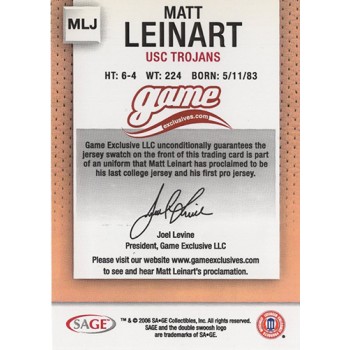 Matt Leinart 2006 SAGE Game Exclusives Jerseys Football Card #MLJ