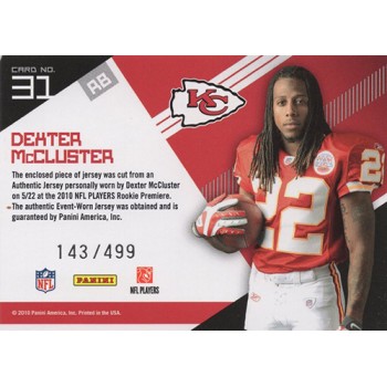 Dexter McCluster Chiefs 2010 Epix Rookie Campaign Materials Jersey Card #31 /499