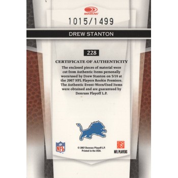 Drew Stanton Detroit Lions 2007 Leaf Certified Materials Jersey Card #228 /1499