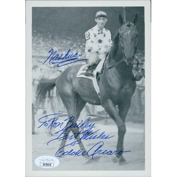 Eddie Arcaro Jockey Signed 5x7 Cardstock Photo JSA Authenticated Personalized