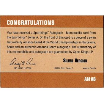 Amanda Beard Signed 2007 Sportkings Worn Swim Suit Memorabilia Silver Card #AMAB