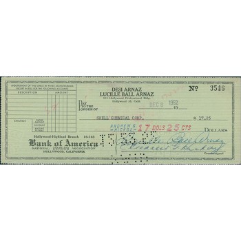 Lucille Ball Arnaz Actress Signed Green Cancelled Bank Check JSA Authenticated