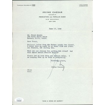 Irving Caesar Publisher Signed Typed Letter Personal Stationery JSA Authenticated