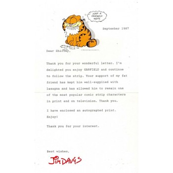 Jim Davis Garfield Signed 5.5x8.5 1987 Typed Letter In Red Ink JSA Authenticated