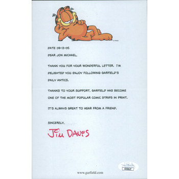 Jim Davis Garfield Signed 5.5x8.5 2005 Typed Letter In Red Ink JSA Authenticated