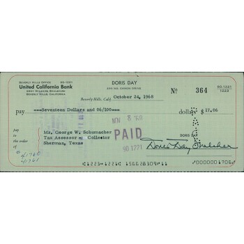Doris Day Actress Signed Green Cancelled Bank Check JSA Authenticated