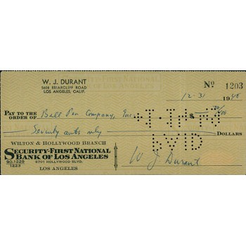 Will J Durant Historian Philosopher Signed Cancelled Check JSA Authenticated