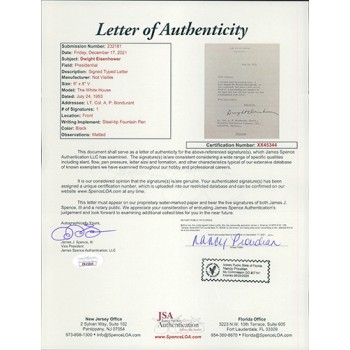 Dwight D. Eisenhower President Signed White House Typed Letter JSA Authenticated