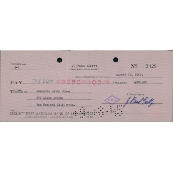 Jean J Paul Getty Oil Tycoon Signed Pink Cancelled Check JSA Authenticated