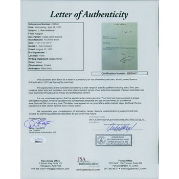 L. Ron Hubbard Scientology Founder Signed Typed Letter JSA Authenticated