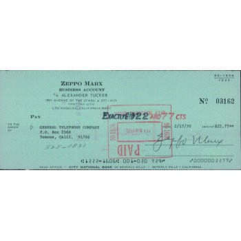 Zeppo Marx Signed Original Vintage Green Bank Check JSA Authenticated