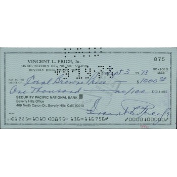 Vincent Price Actor Signed Cancelled Check JSA Authenticated