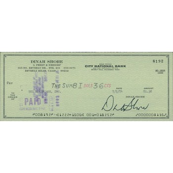 Dinah Shore Actress Singer Signed Cancelled Check JSA Authenticated