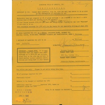 Norman Taurog Director Signed Directors Guild Of America Form JSA Authenticated