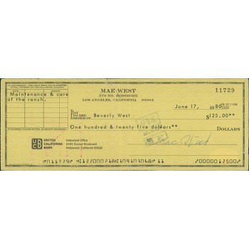 Mae West Actress Singer Signed Cancelled Check JSA Authenticated