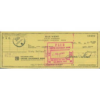 Mae West Actress Singer Signed Cancelled Check JSA Authenticated