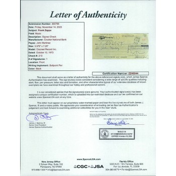 Frank Zappa Signed Cancelled Check JSA Authenticated